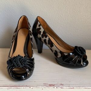Nurture Rosalind leopard print cow hair upper cone heel pumps Size 8